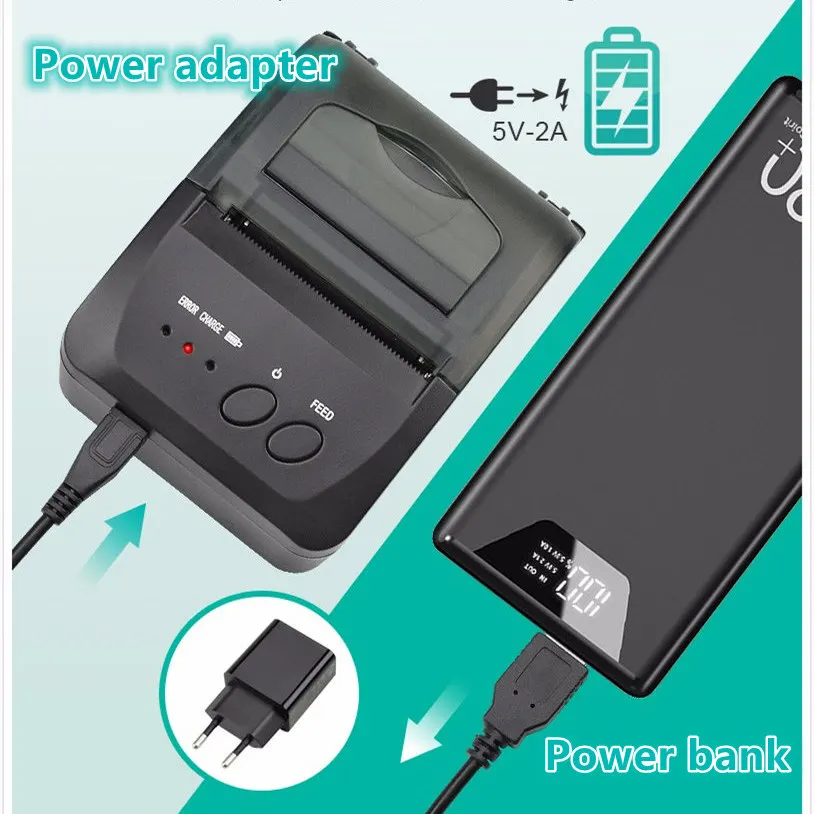 Мини 58 мм Bluetooth Беспроводной принтер Портативный Термальность чековый мобильный