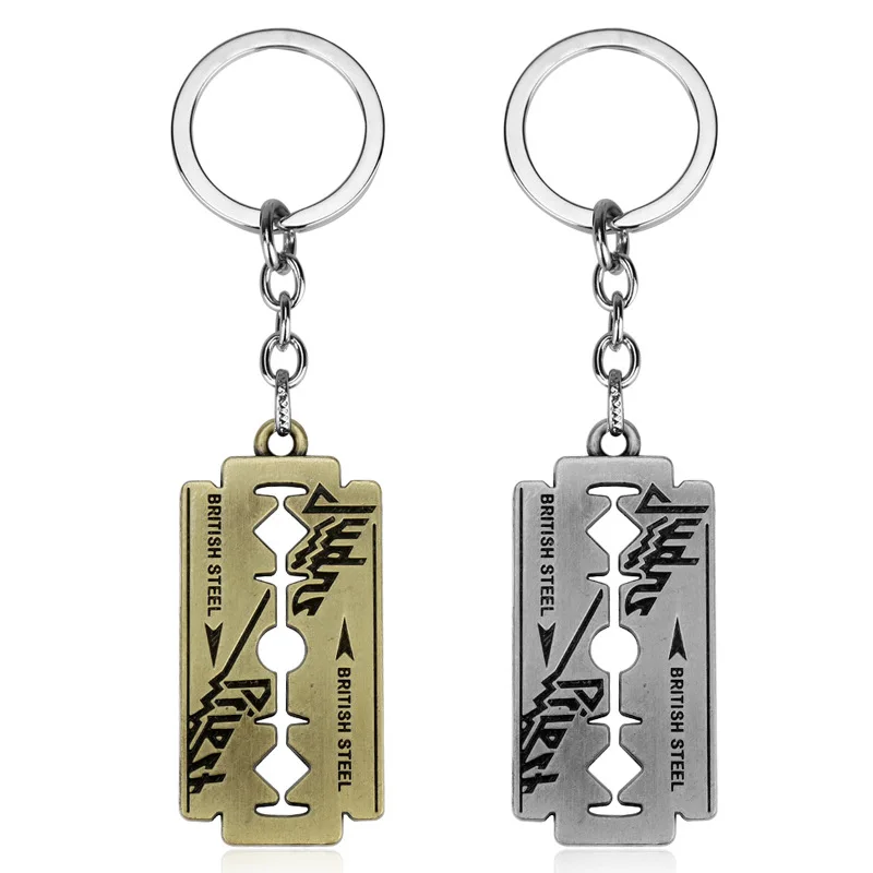 

British Rock Band Judas Priest Razor Blade Shape Key Ring Keychain Dog Tag Metal Keyring Chaveiro Key Chain For Music Fans Gifts