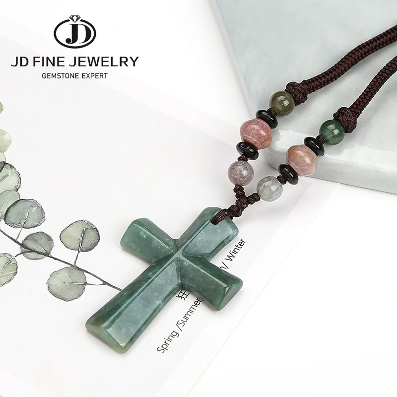 Новый красный/зеленый индийский агат JD каменные бусины крест подвеска ожерелье