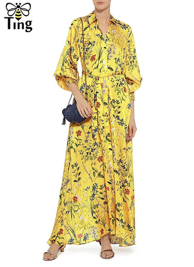 Дизайнерское желтое платье макси Tingfly с цветочным принтом весеннее винтажное