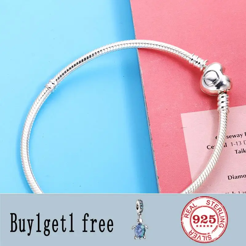

Authenetic 925 Sterling Silver Heart Clasp Snake Chain pan Bracelet Bangle Fit Women Bead Charm Diy Europe Jewelry