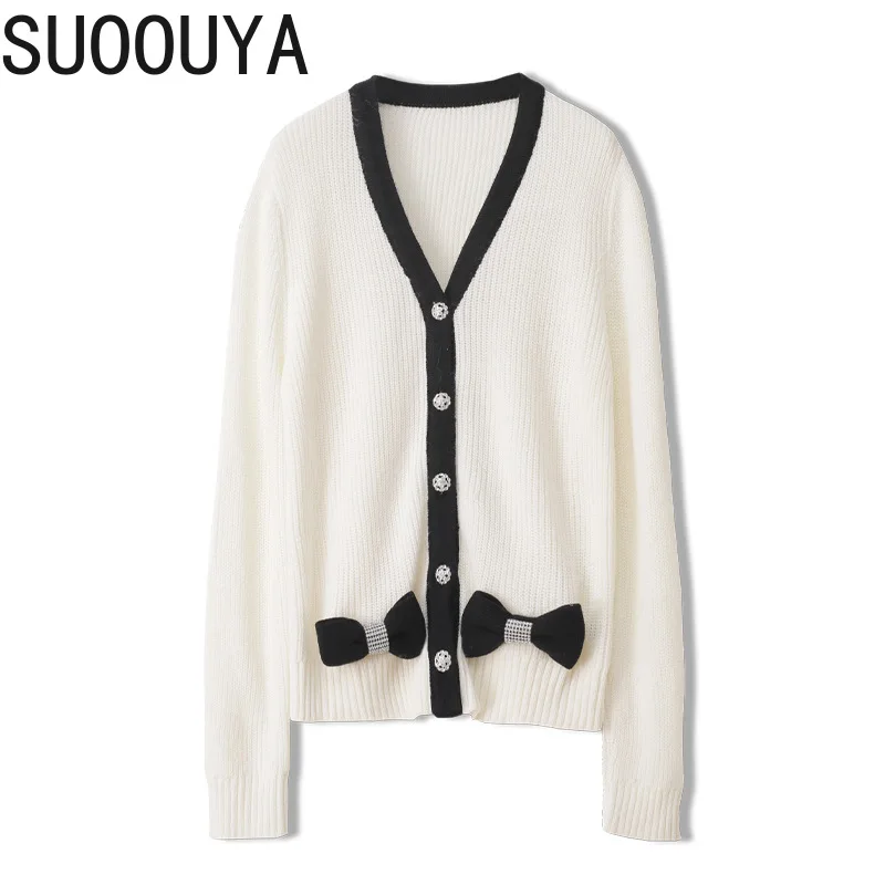 

[SUOOUYA] Women Cardigan Patchwork Bow Diamond Knitted Sweater Fairy Knitting Fashion Knit Coat White Tops Autumn Spring 2021