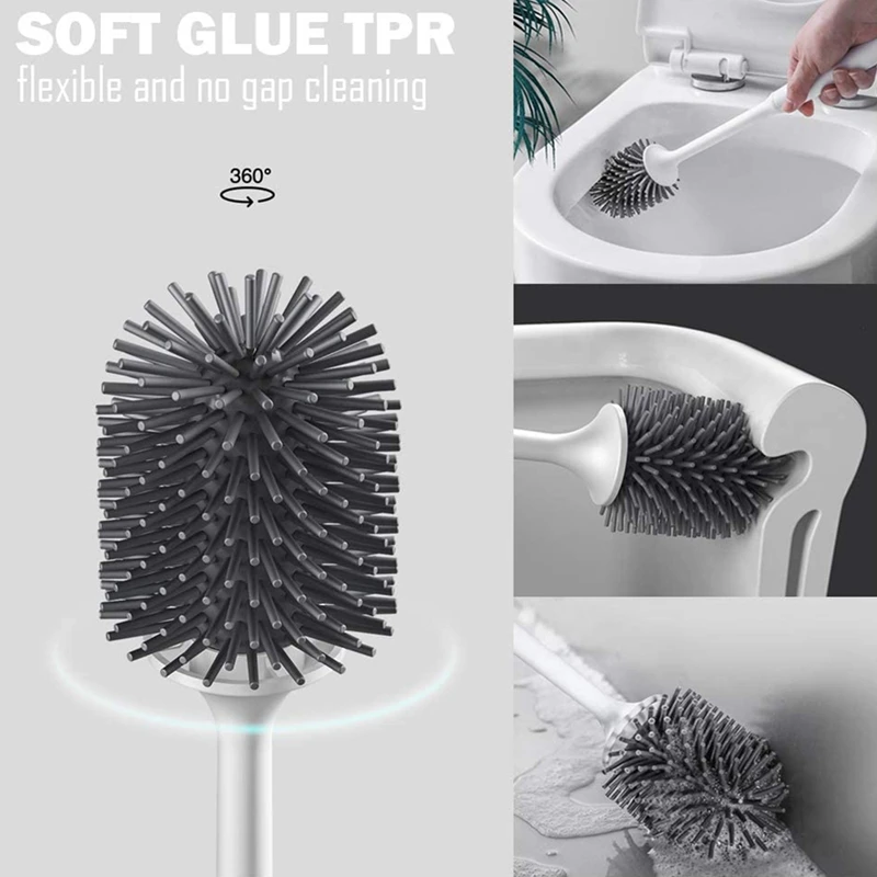 

Silicone Toilet Brush with Holder Set Soft Silicone Bristle Bathroom Toilet Bowl Brushes Set Non-Slip Handle with TPR Soft Brist