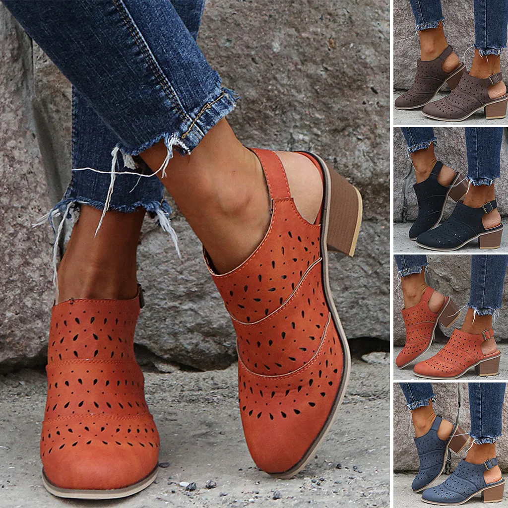 Vintage Rome Women's Ladies Sandals Hollow Out Square Heels Shoes Pure Color Solid Women Summer sandalias mujer 2020 |