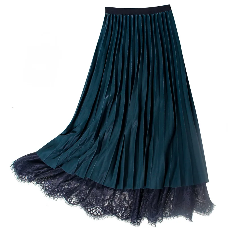 

Elastic Waist Autumn Winter Women Skirt Korean Style Pleated Net Yarn Fashion Stitching Mid-length Elegant Large Swing Skirt