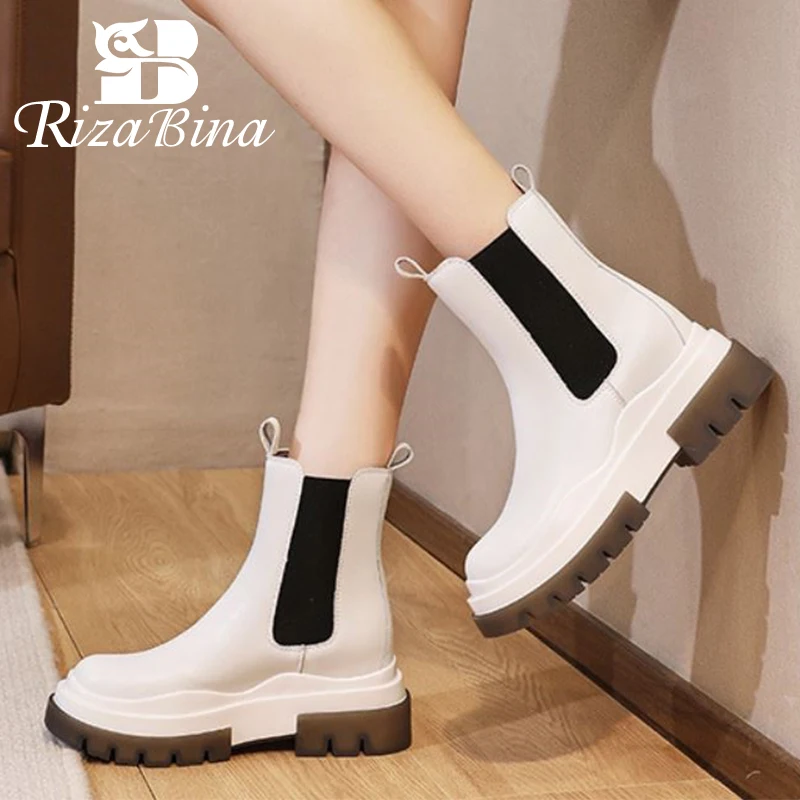 

RIZABINA Size 32-39 Short Boots Real Leather Women Winter Warm Shoes Mixed Color Casual Ins Fashion Ankle Boot Daily Footwear