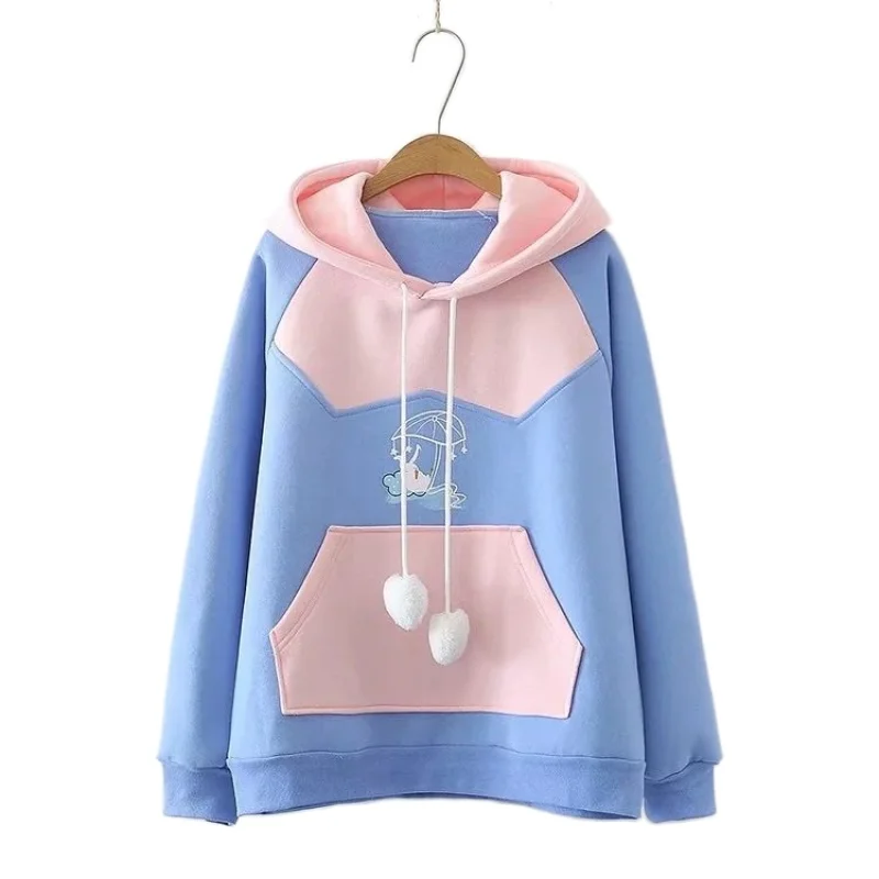 Women Harajuku Hoodies Preppy Style Kawaii Rabbit Print Hit Color Patchwork Sweet Hooded Sweatshirt Winter Thick Warm Pullovers