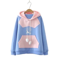 women harajuku hoodies preppy style kawaii rabbit print hit color patchwork sweet hooded sweatshirt winter thick warm pullovers