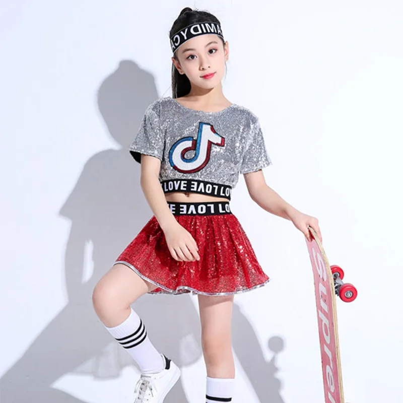 2pcs Set Girl Jazz Dance Costumes for Girls Children Stage Dance Clothes Exposed Navel Tide Kid Hip hop Sequin Dance Suit