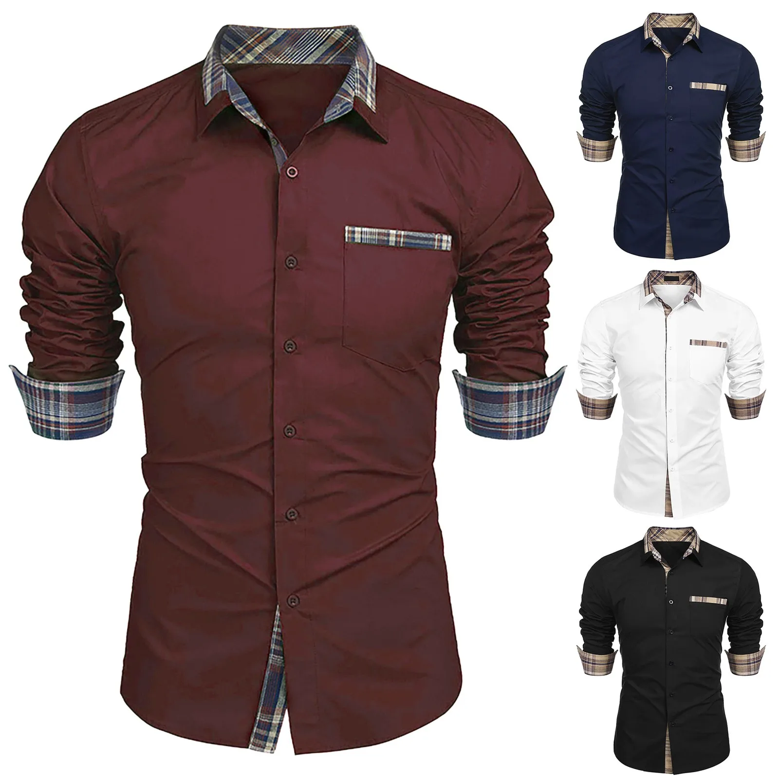 

Мужская рубашка Jaycosin, модная однотонная мужская рубашка в клетку с карманами, Повседневная рубашка с длинным рукавом и лацканами, мужская р...