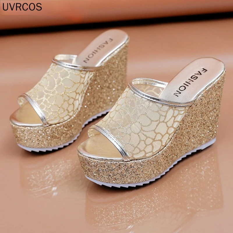 

Женские шлепанцы, летняя обувь на толстой подошве (4 см), облегающие шлепанцы высотой 11 см с твердой сеткой, женские тапочки, новинка 2021