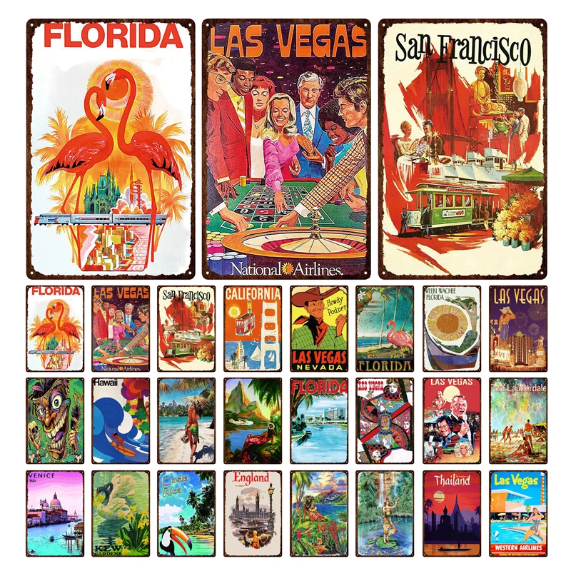 

Travel City Cartoon Landscape Tin Sign Poster Picture Florida Hawaii Las Vegas Tailand Landmark Metal Tign Sign Vintage Plate