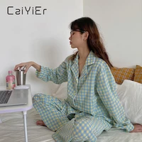 caiyier korean purplegreen cotton grid pajamas set summer new casual short sleeve pants nightgown womens sleep homewear suit