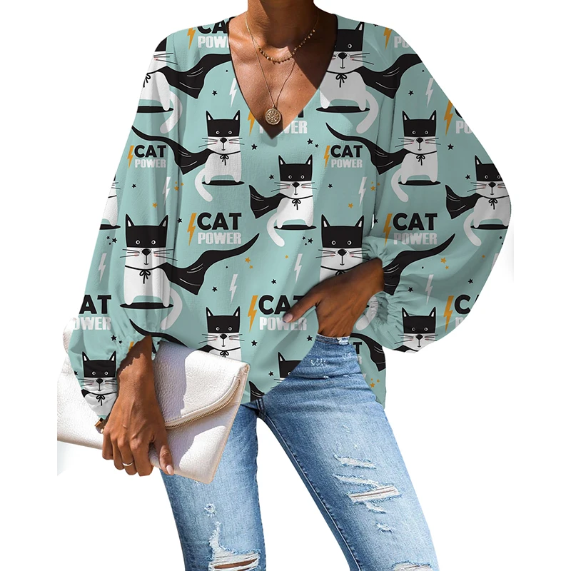 NOISYDESIGNS Women 2020 Summer Blouses Sexy Loose Cats Printing Ladies Tops V-neck Female Shirts Puff Sleeve Blusas Mujer | Женская
