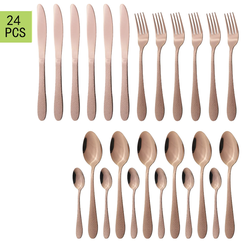 

Dinnerware 24Pcs Rose Gold Cutlery Set Stainless Steel Set Flatware Knives Fork Coffee Dessert Spoons Kitchen Home Tableware Set