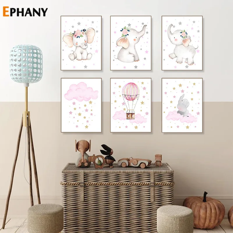 

Baby Nursery Girl Wall Art Elephant Canvas Poster Pink Star Rain Print Painting Nordic Kid Child Bedroom Decoration Picture