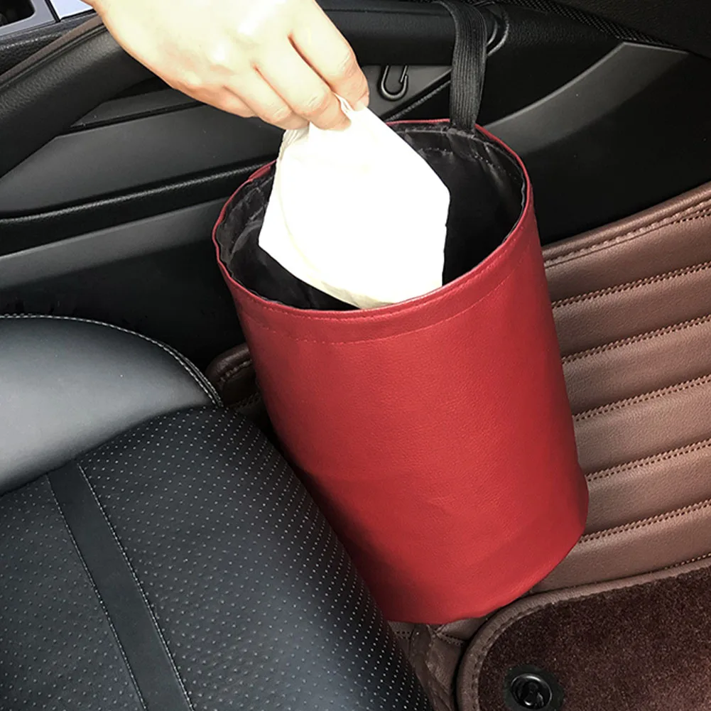 

1pcs Car Trash Can Foldable Leather Leak Proof Waterproof Car Dust Bin Bucket Hanger Garbage Container Pocket Auto Accessories