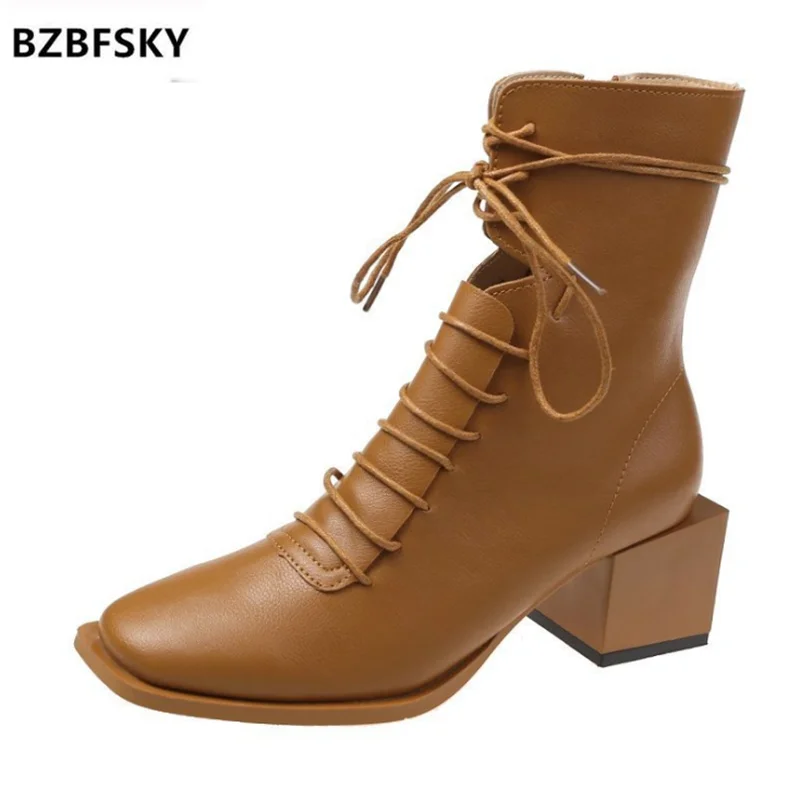 

2021 Square Heel Short Boots Woman Mid Heels Ankle Boots Women Autumn Shoes Square toe Female Footware Side Zipper Black Beige