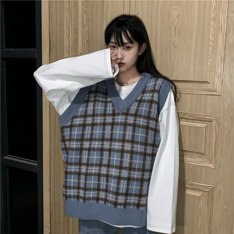 Женский винтажный клетчатый жилет в стиле Харадзюку стильная уличная одежда