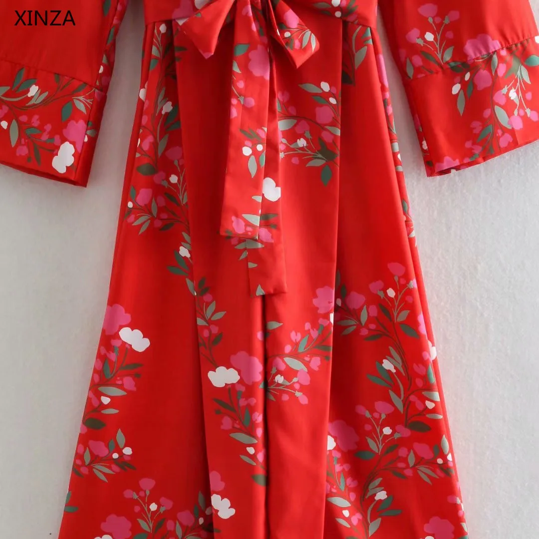 

2021 Za Women Red Long Flower Print Dress Long Sleeve Tied Belt Office Lady Dress Chic Front Button Up Summer Pleated Dresses
