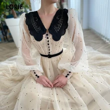LORIE – robe de bal en Tulle à pois, longueur thé, avec col brodé, couleur crémeuse avec ceinture à points noirs, robe de soirée de mariage  (1)