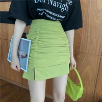 green summer mini skirts women korean skinny bodycorn pencil skirts pleated split high waist zipper sexy club skirt warp w807