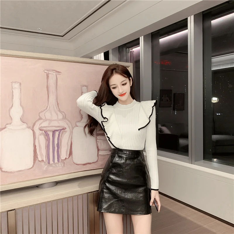 Женский трикотажный пуловер с оборками повседневный облегающий свитер длинным