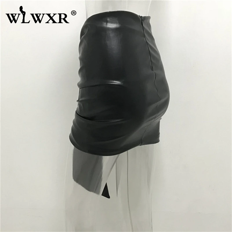 Black PU WLWXR/Пикантные мини-юбки из искусственной кожи; Женская Асимметричная черная юбка с блестками и высокой талией; Клубные вечерние юбки-карандаш в складку - Цвет: Black PU