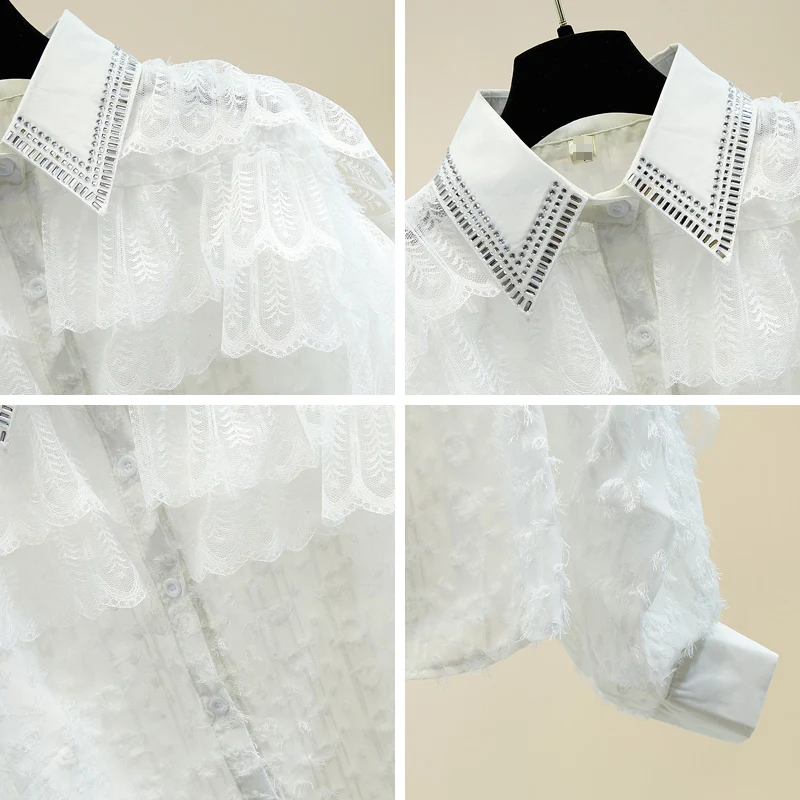 2020 Black Women Shirt Beading Collar Office Lady Daily Tops Spring Lace Patched Tassels White Blouse Women