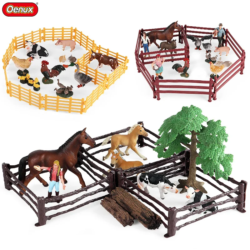 Oenux Home Decoration Farm Fence Scene Series Simulation Cow Horse Animal Model Palm Trees Action Figures Miniature Cute Kid Toy