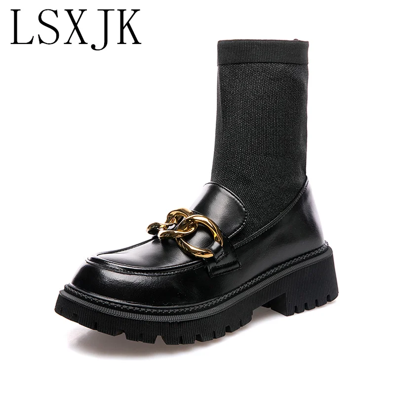 

LSXJK Thick-Soled Elastic Stocking Boots 2021 New Leather Martin Boots Women's Heightened Short Boots And Socks Loafers