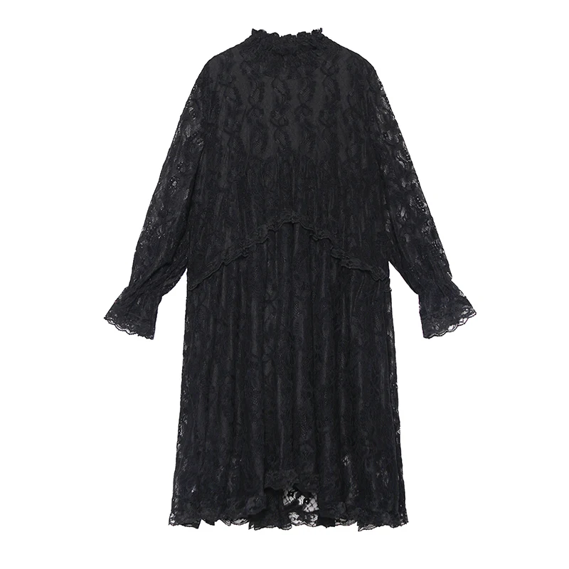 

Long Sleeve Loose Fit Fashion Tide Spring Autumn 2021 Women Black Lace Split Big Size Long Dress New Stand Collar