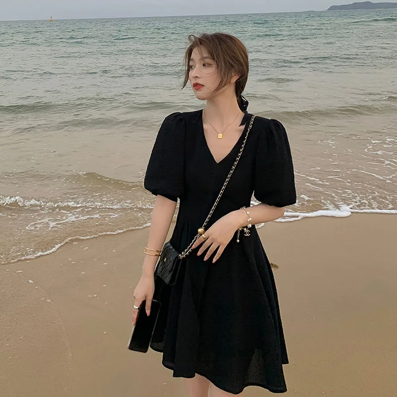 

Korea 2021 Summer Short Sleeve Floral Dress Women Chic Fairy Elegant Vintage Mini Dress Office Lady Casual Beach One Piece Dress
