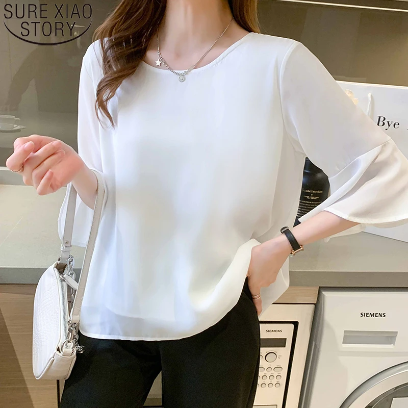 

2022 Summer Women Chiffon Blouse Ladies Casual Tops New Short Sleeve Plus Size S-4XL Pullover Back Button Clothes Blouses 13925
