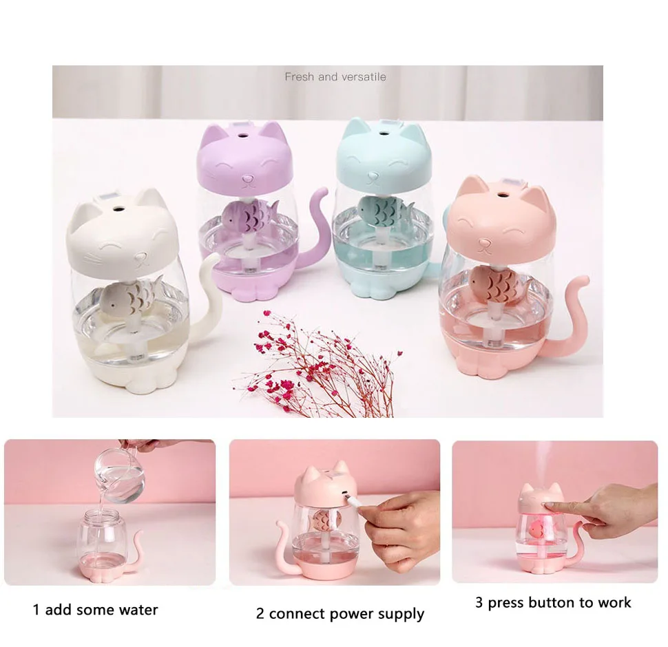 

3 In 1 350ML USB Cute Cat Air Humidifier Ultrasonic Mist Maker Aroma Air Diffuser with LED Night Light Mini Fan for Baby Kids