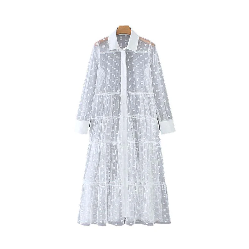 Женское стильное лоскутное прозрачное миди платье рубашка в горошек с длинным