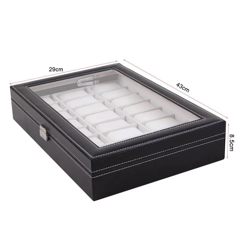 

Watch Display Box 24 Grid Wristwatch Storage Case Organizer Classical Holder Foam Pad Pillow Transparent Glass Black Leather