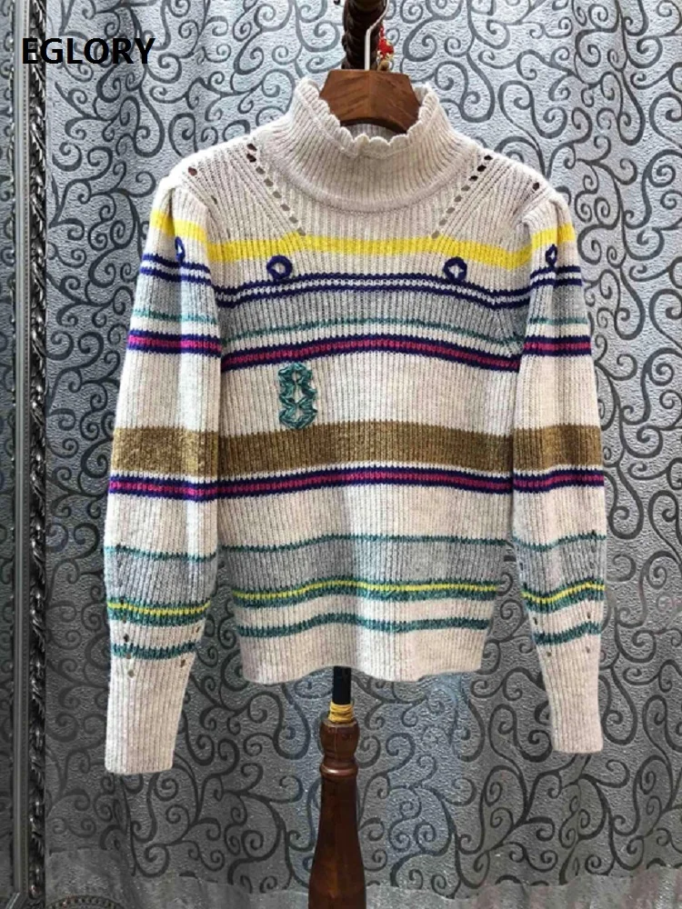 

High Quality Sweaters 2020 Spring Fashion Jumpers Women Striped Patterns Knitting Long Sleeve Casual Wool Pullovers Female Tops