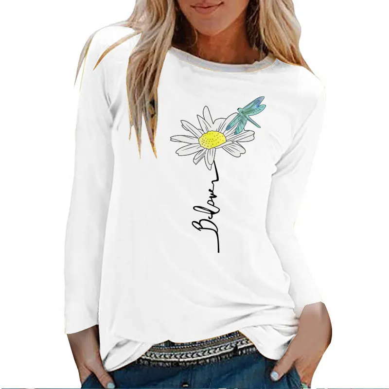 

Flower Dragonfly Blove Printing Long Sleeve T-shirts Women Autumn Winter Graphic Tee Loose White Round Neck Harajuku Tops