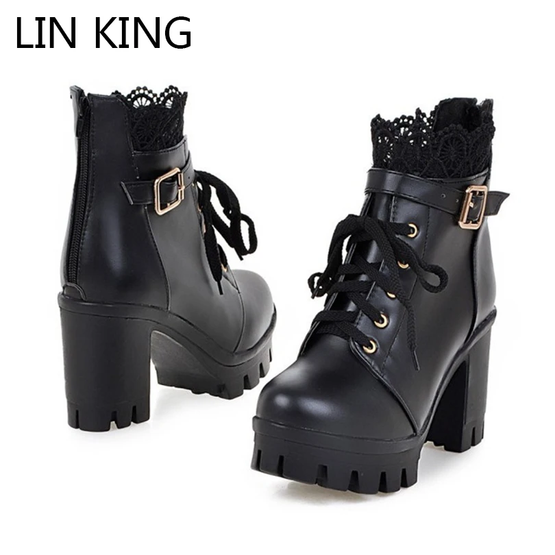 LIN KING/женские ботинки черного и белого цвета короткие с круглым носком на высоком