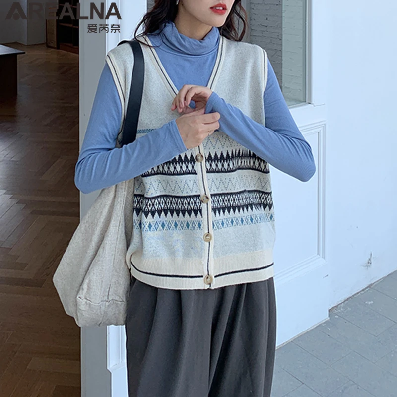 

Женская обувь с узором "ромбиками" свитер вязаный жилет для женщин осень-зима 2021 корейский, геометрической формы без рукавов пуловеры женск...