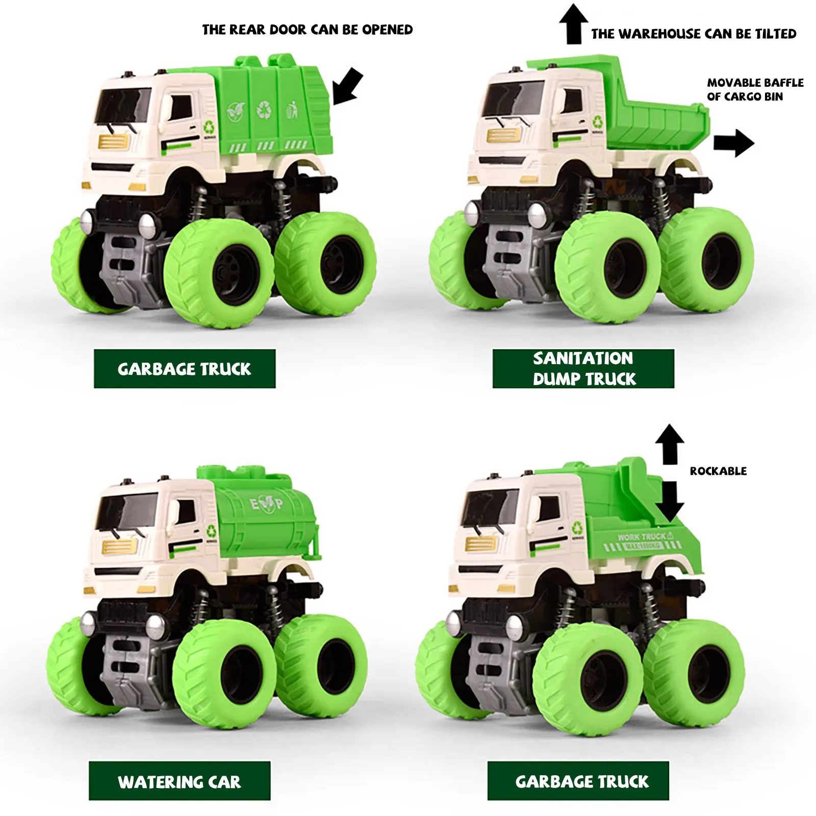 Набор из 4 шт. автомобиль игрушки Зеленый мусоровоз с рисунком пуш ап Go грузовик