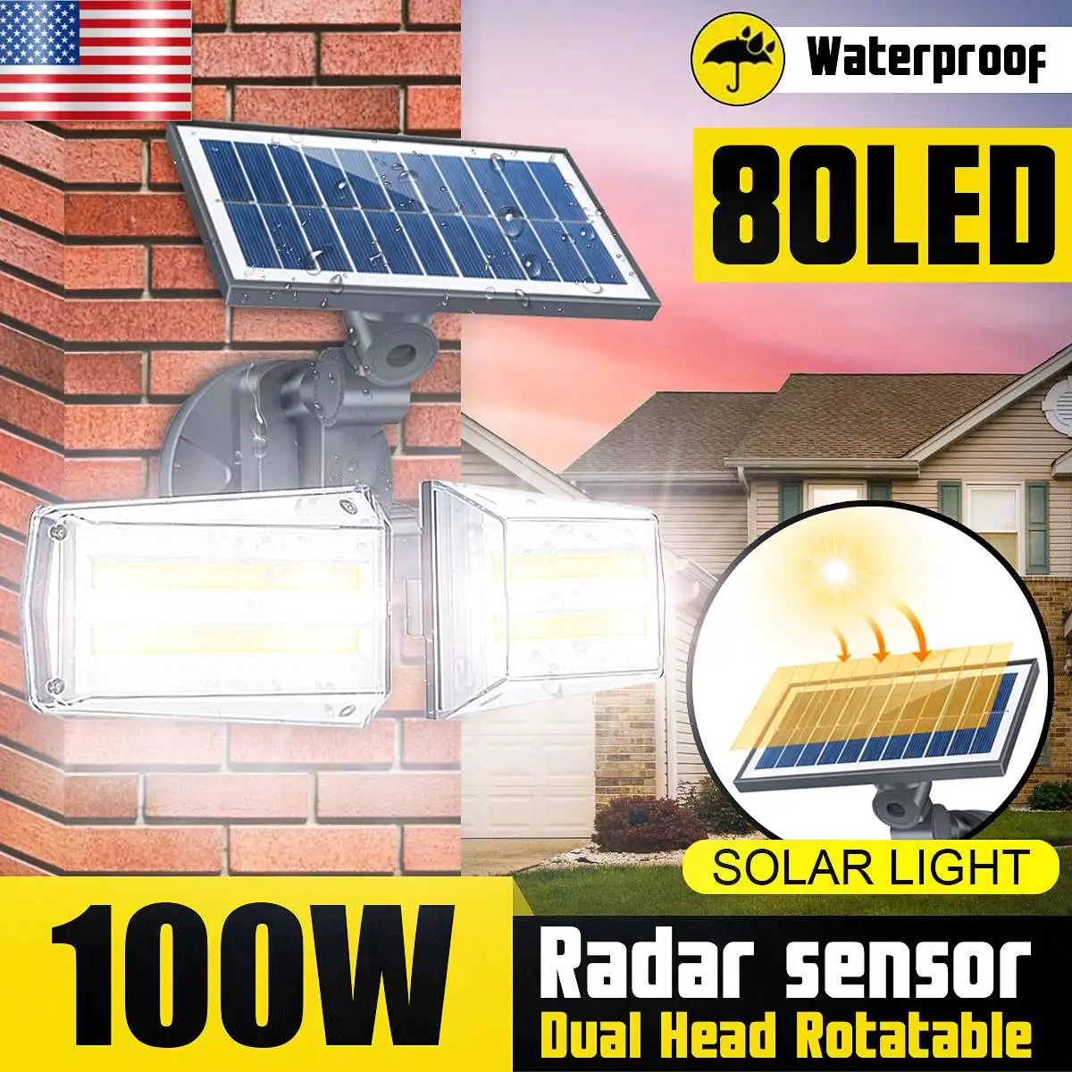 

Светодиодный настенный светильник на солнечной батарее, 80 светодиодов, 100 Вт