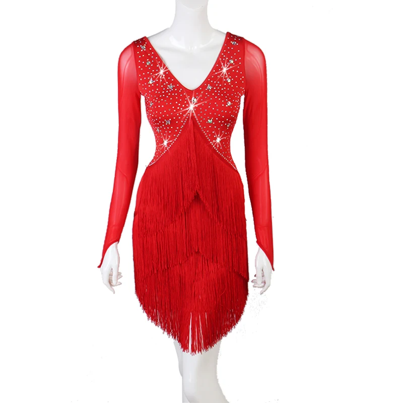 

Red Fringed Latin Dance Dress Women Shining Rhinestone Ballroom Slim Swing Tango Rumba Samba Dance Dress For Dance Can Customize