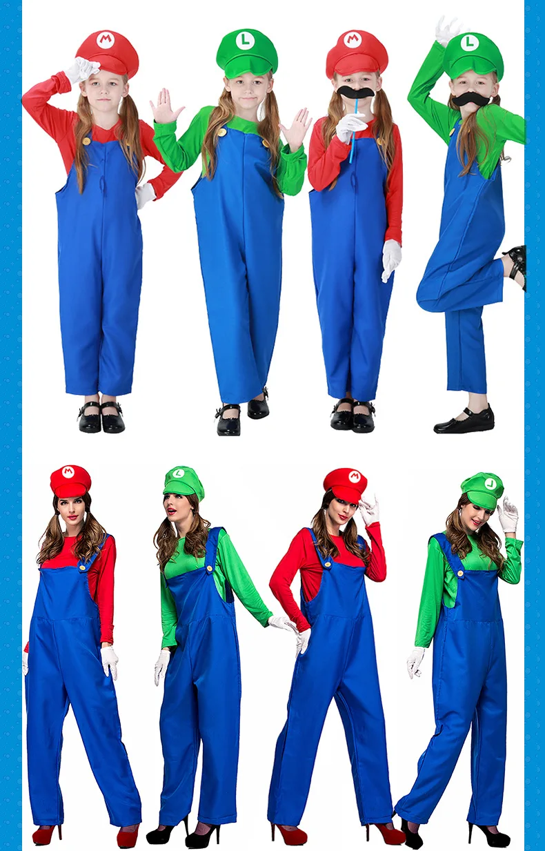 Super Mario Bros Luigi, шляпа сантехника, костюм с бородой, маскарадный костюм Марио, маскарадный костюм на Хэллоуин, нарядное платье для родителей и детей, взрослых, детей, женщин