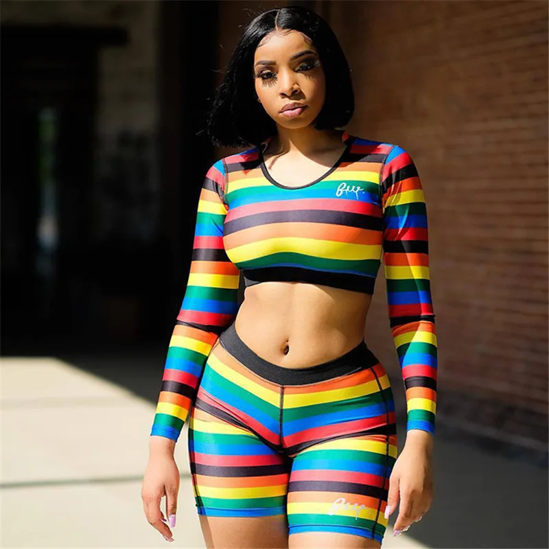 

Fashion Striped Print Two Piece Set Long Sleeve Crop Top Colorful Rainbow Bodycon Shorts 2019 Summer Contrast Color Tracksuit