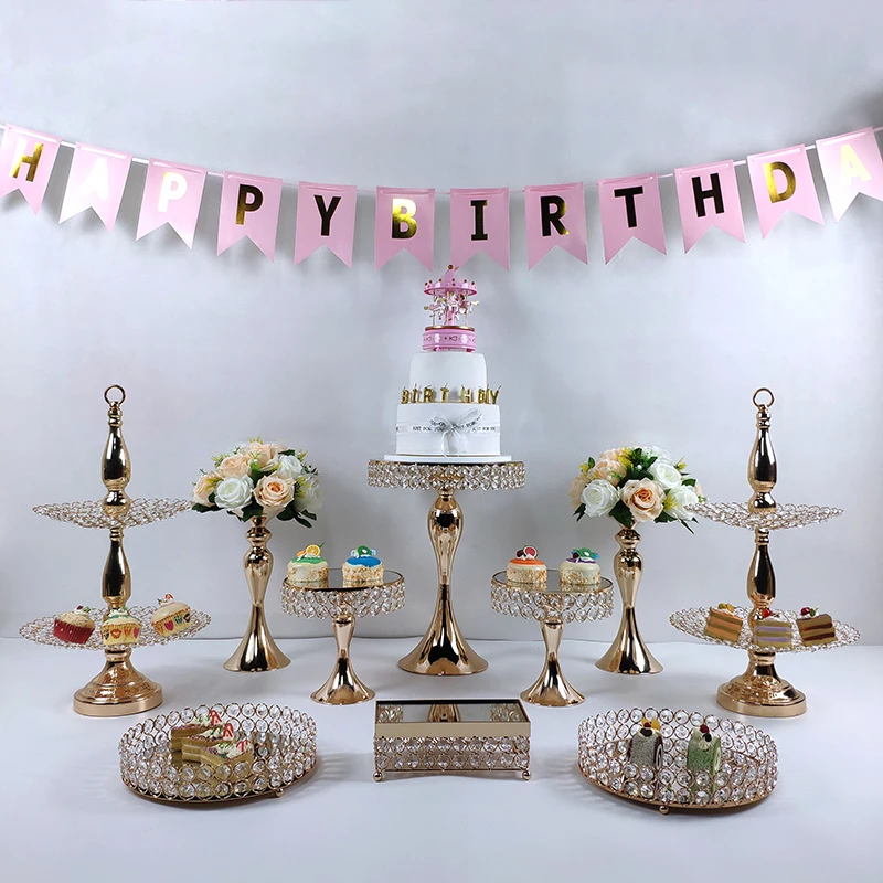 Больше лоток золотой свадебный торт стенд Набор белого цвета со стразами и