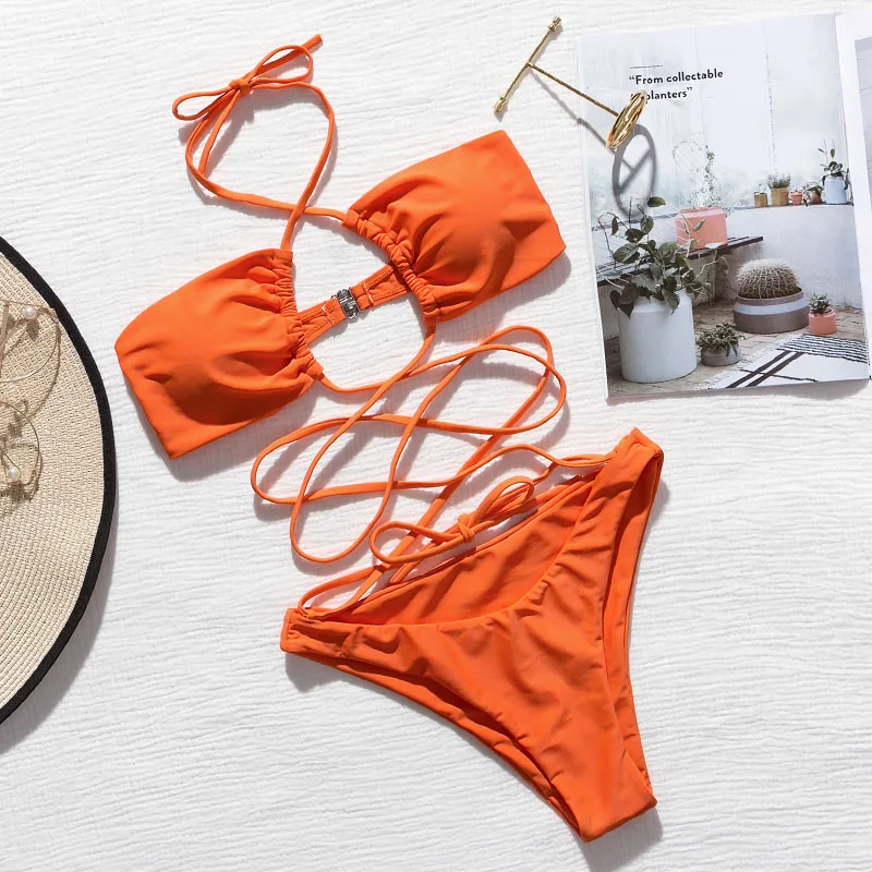 

Fors Sexy bandeau bikini set Halter keyhole string swimsuit female Bandage lace up swimwear women High cut orange bathing suit