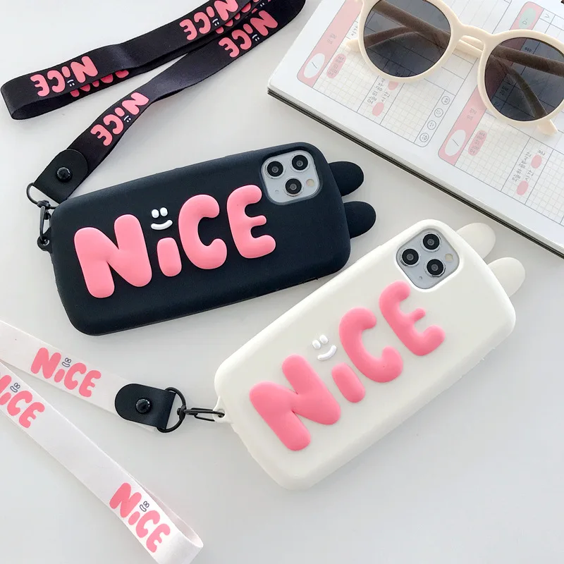 

Cute Rabbit Ears Alphabet Smiley Solid Color Phone Case For iPhone 12 Mini 11 Pro Max X Xs XR 7 8 Plus Soft Silicone Back Cover