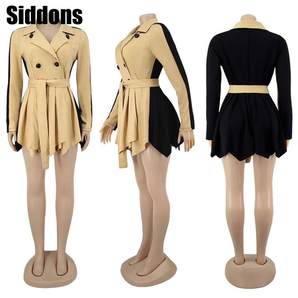 

Women Long Sleeve Pleated Hem Ruffle Jacket Color Patchwork Double Breasted Dress Casual Coat with Belt